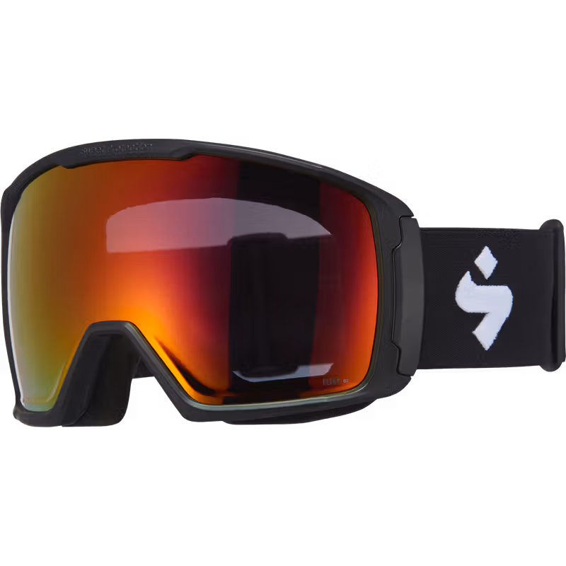 Black Sweet Protection ski goggles, angled front view with red-orange mirrored lens