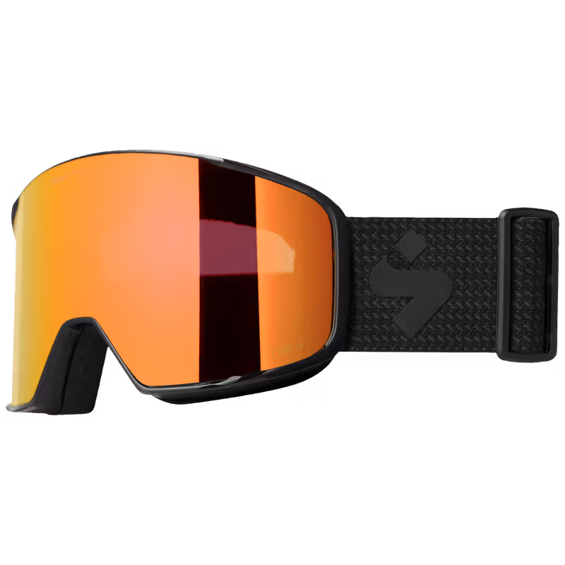 Sweet Protection ski goggles, black strap, angled view showing orange mirrored lens.