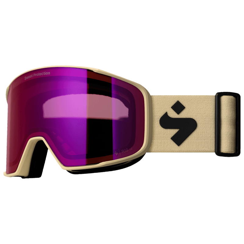 Sweet Protection ski goggles, beige strap, front view showing pink mirrored lens and logo.