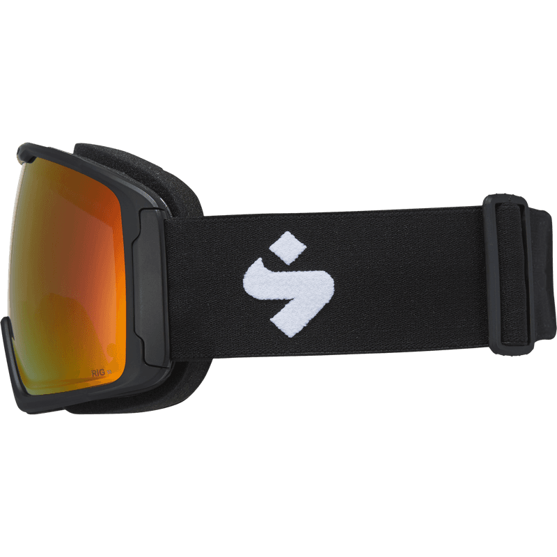 Black Sweet Protection ski goggles with an orange mirrored lens, product shot on white background