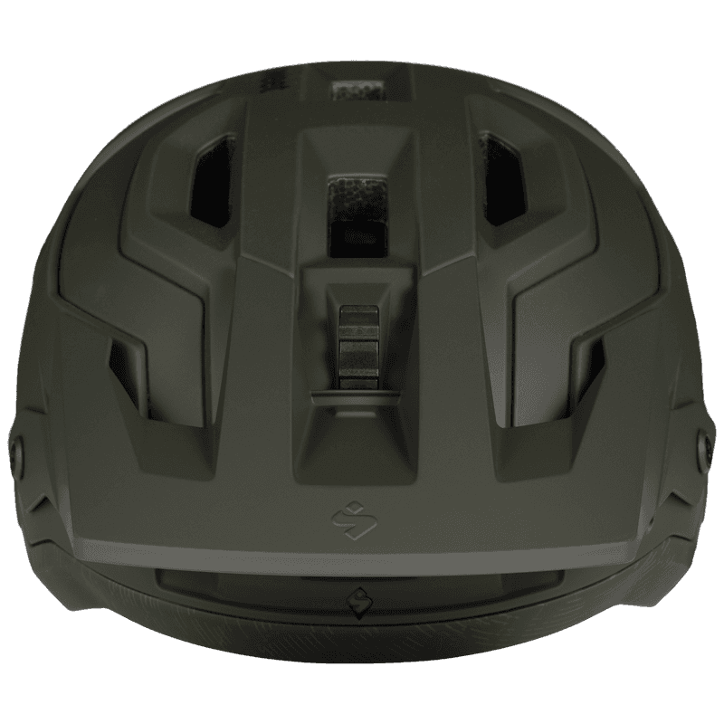 Front view of the Bushwhacker 2Vi Mips mountain helmet, matte olive green — front vents and visor mount