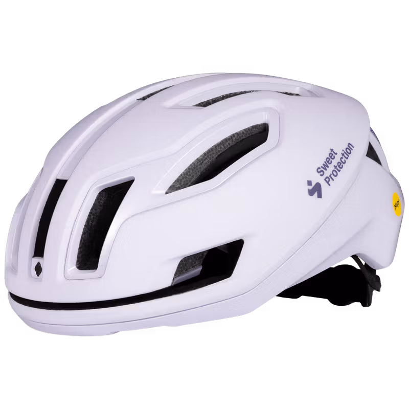Angled side of the matte Light Lilac Sweet Protection Falconer 2Vi Mips helmet with Mips and 2Vi protection for performance road cycling.