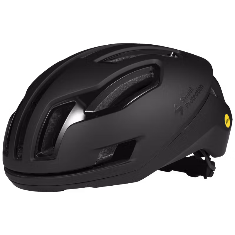 Angled side of the matte black Sweet Protection Falconer 2Vi Mips helmet with Mips and 2Vi protection for performance road cycling.