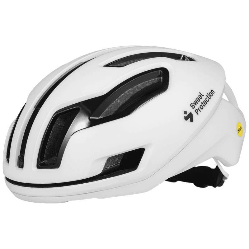 Angled side of the satin white Sweet Protection Falconer 2Vi Mips helmet with Mips and 2Vi protection for performance road cycling.