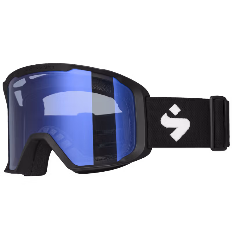 Sweet Protection ski goggles, black strap, angled view showing blue mirrored lens.