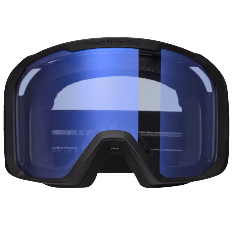 Close-up front view of Sweet Protection ski goggles with black frame and blue mirrored lens.