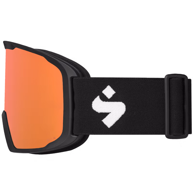 Sweet Protection ski goggles with black strap and orange mirrored lens, side view.