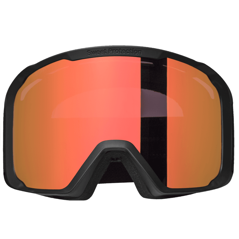 Sweet Protection ski goggles with black frame and orange mirrored lens, front view.