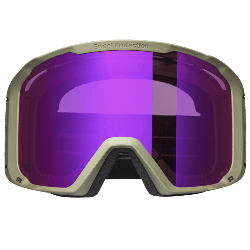 Sweet Protection ski goggles with olive green frame and pink mirrored lens, front view.