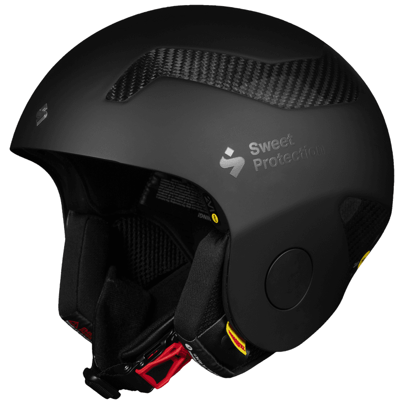 Side profile of the matte black Sweet Protection Volata Carbon 2Vi® Mips Race Helmet with 2-Layer Mips Safety System.