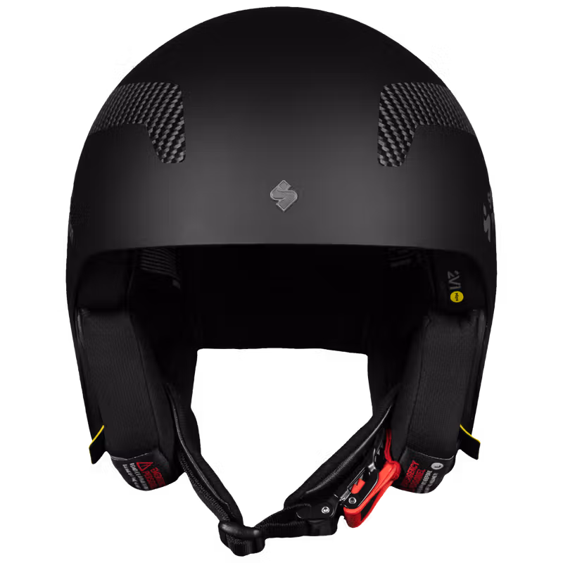 Front view of the matte black Sweet Protection Volata Carbon 2Vi® Mips Race Helmet, showing the emergency removable earpads.