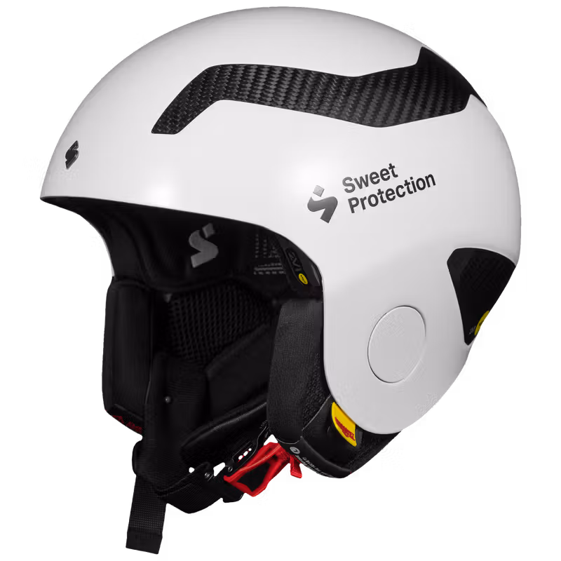Side view of the glossy white Sweet Protection Volata Carbon 2Vi® Mips Race Helmet, with carbon fiber details for speed.