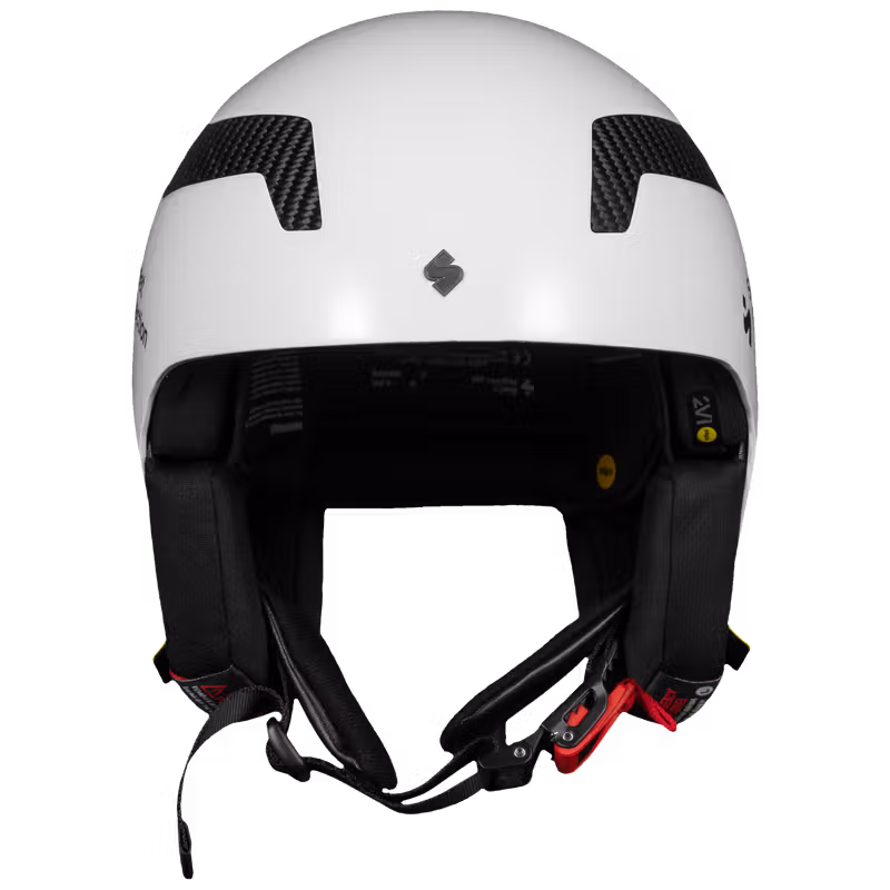 Front profile of the glossy white Sweet Protection Volata Carbon 2Vi® Mips Race Helmet, featuring a secure ratchet buckle.