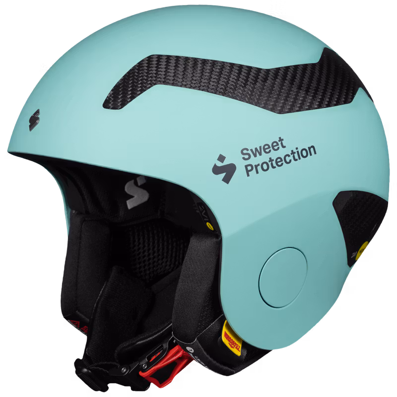 Side view of the glossy turquoise Sweet Protection Volata Carbon 2Vi® Mips Race Helmet with hand-laid carbon shell details.