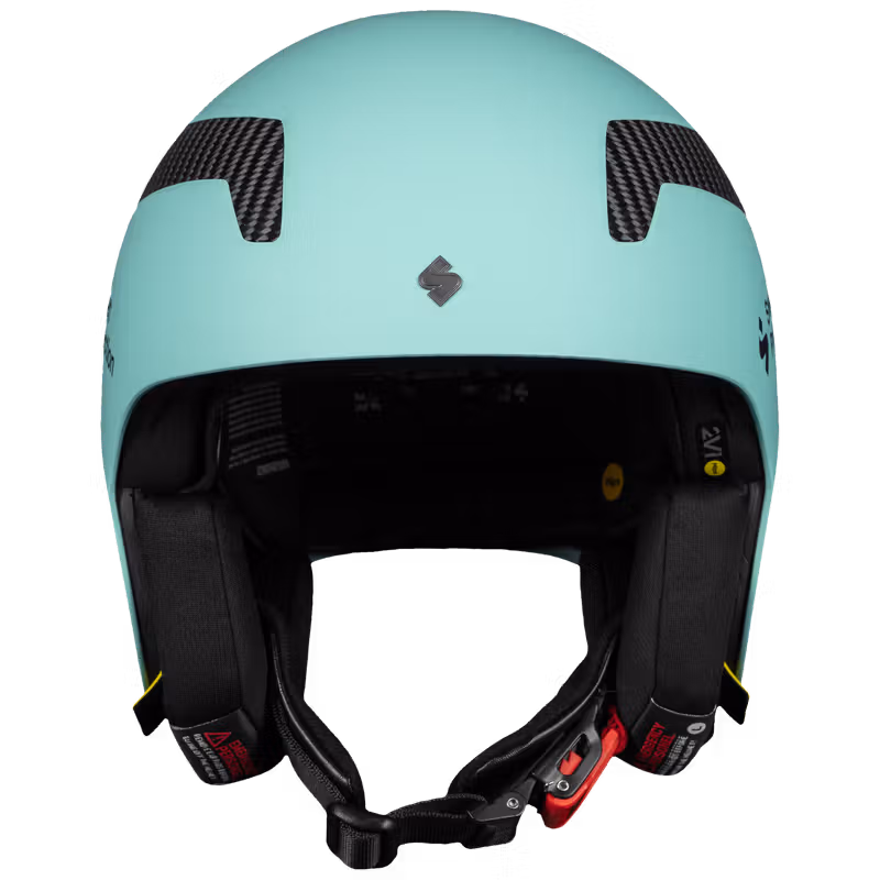 Front view of the glossy turquoise Sweet Protection Volata Carbon 2Vi® Mips Race Helmet, a FIS-approved design for speed.