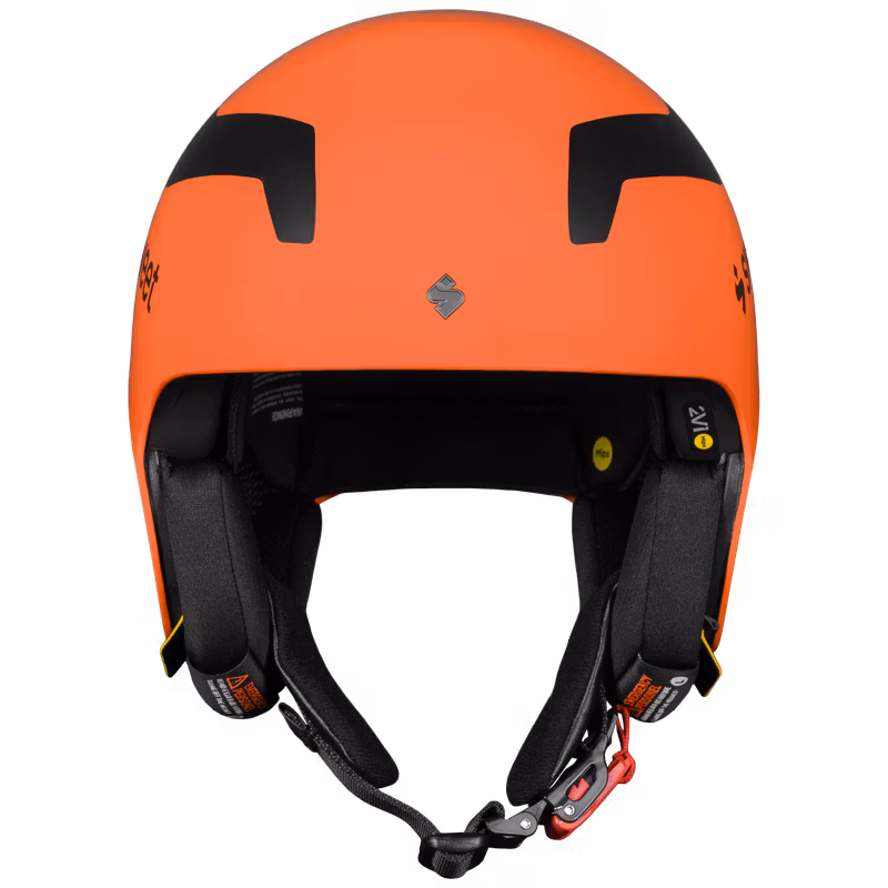 Orange Sweet Protection MIAMI ski racing helmet, front view showing the chin guard