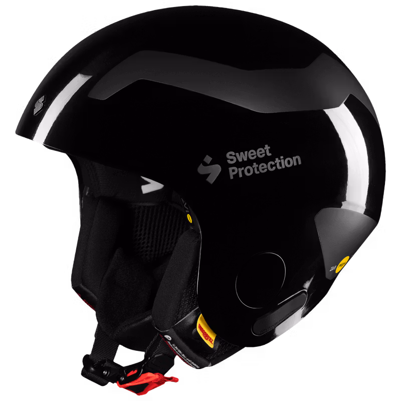 Glossy black Sweet Protection MIAMI ski racing helmet with chin strap, front-angled view