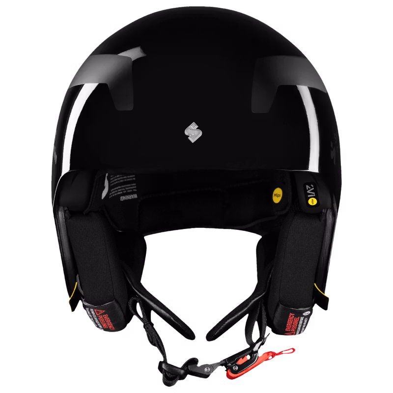 Glossy black Sweet Protection MIAMI ski racing helmet, front view showing the chin guard