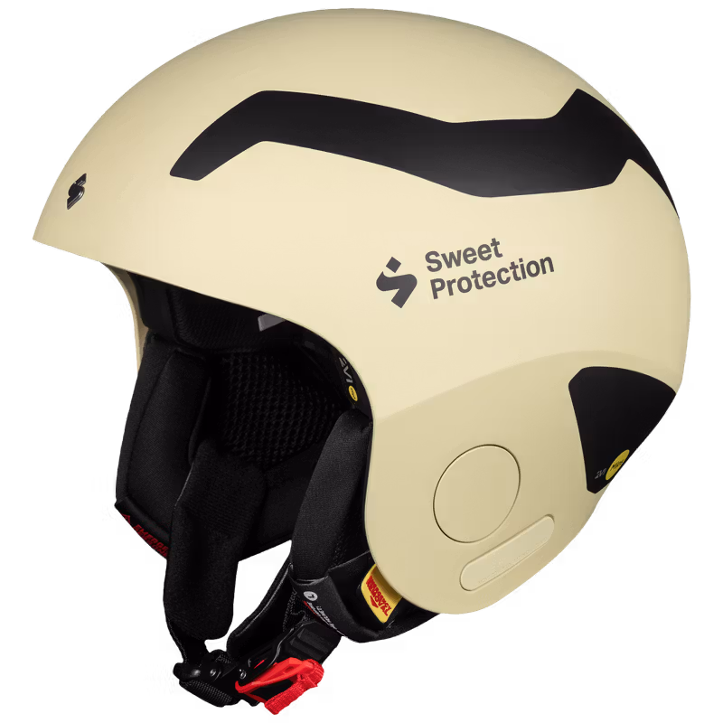Cream Sweet Protection MIAMI ski racing helmet with black accents, front-angled view