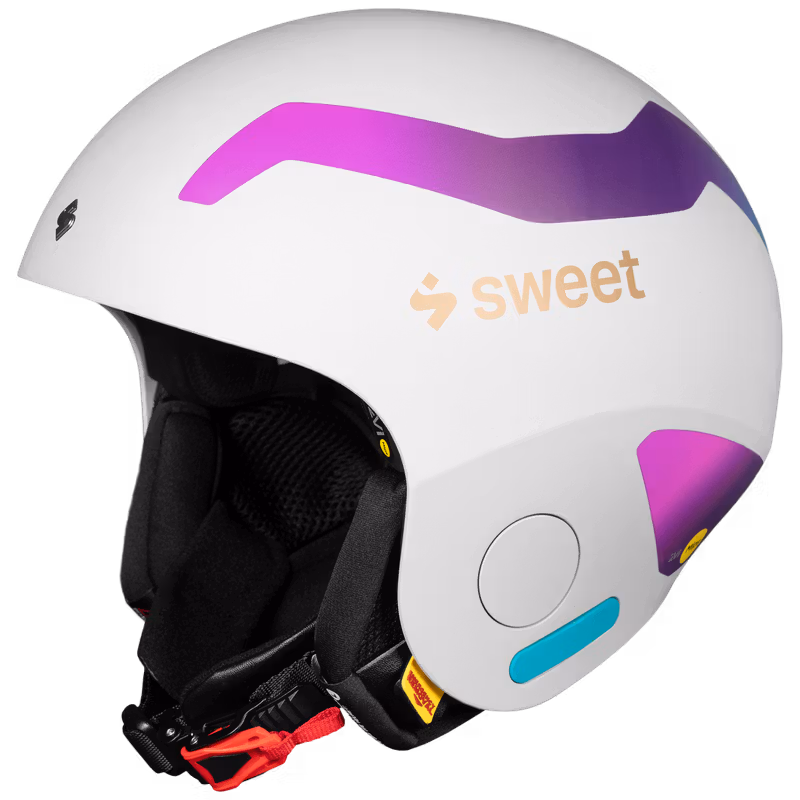 White Sweet Protection MIAMI ski racing helmet with pink-purple gradient accents, front-angled view