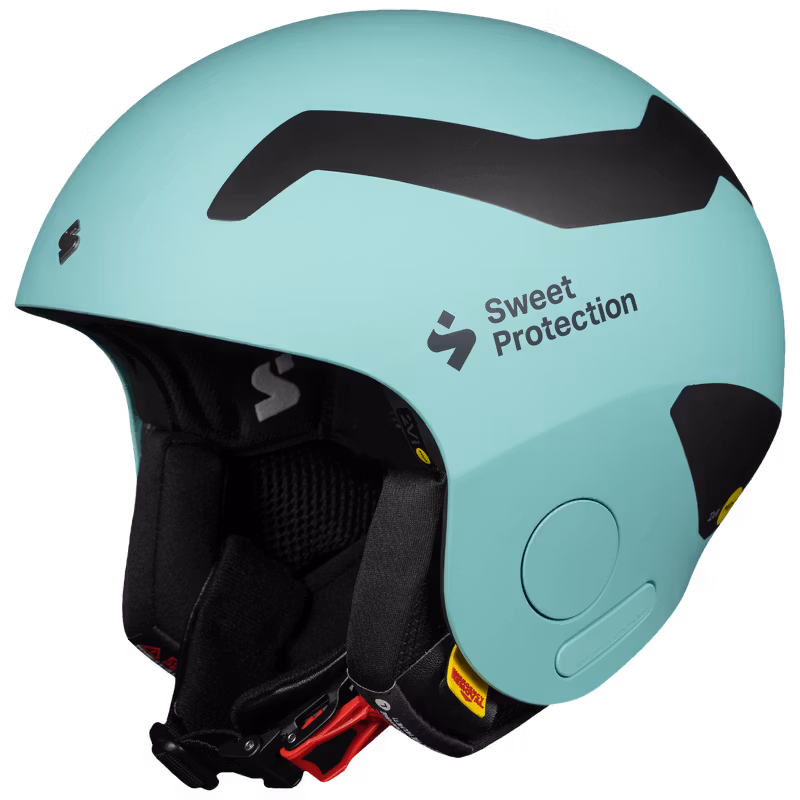 Matte turquoise Sweet Protection MIAMI race helmet, front three-quarter view showing interior padding