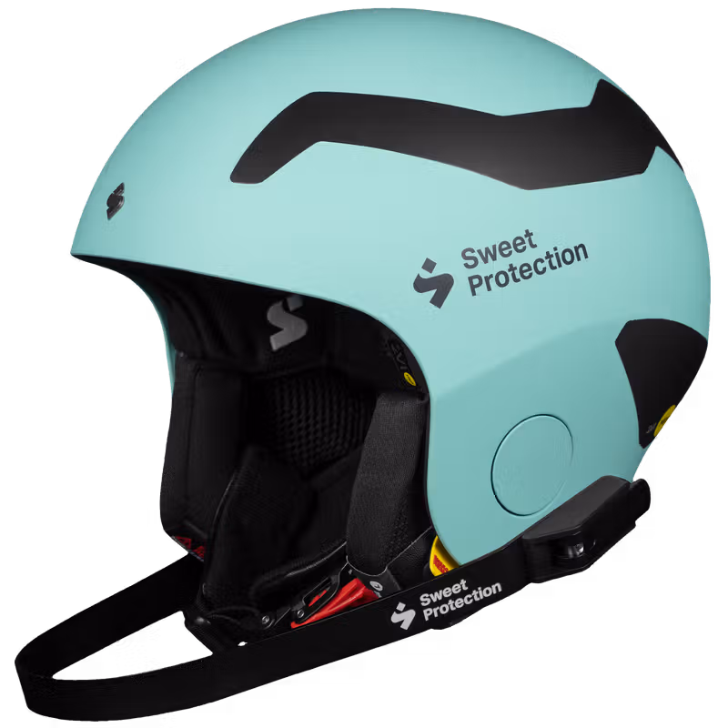 Matte turquoise Sweet Protection MIAMI race helmet, front angle view with chin strap fastened