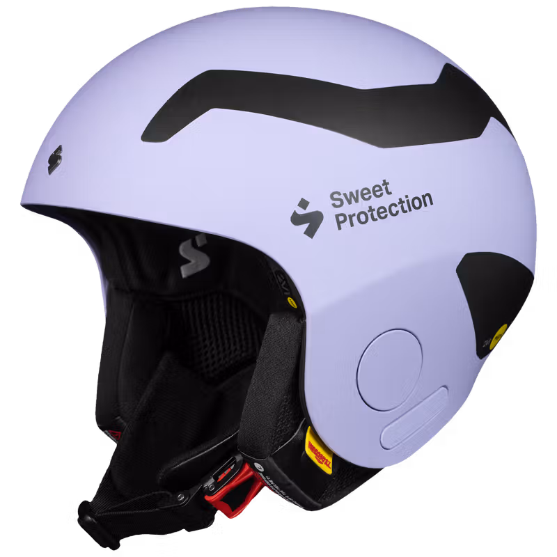 Lavender Sweet Protection MIAMI race helmet, front three-quarter view showing interior padding and chin strap