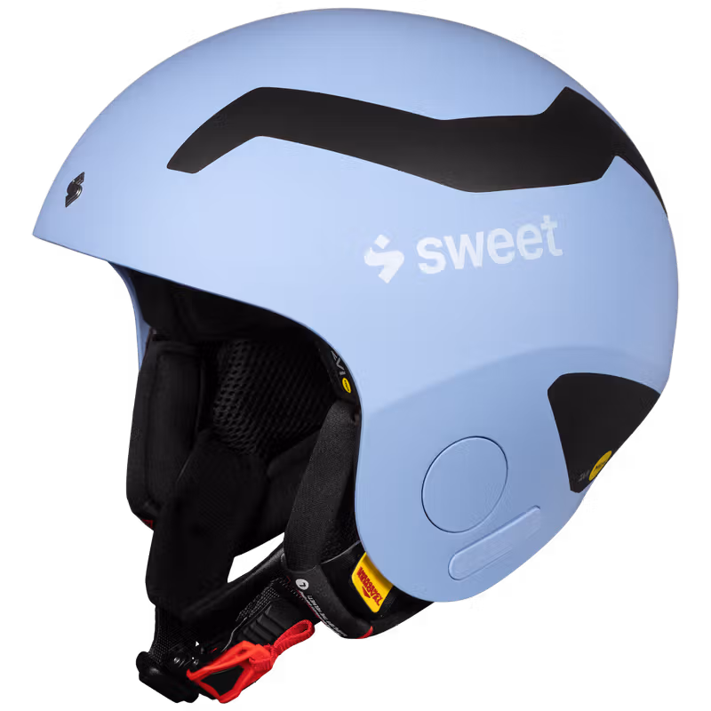 Light blue Sweet Protection MIAMI ski racing helmet with black accents, front-angled view