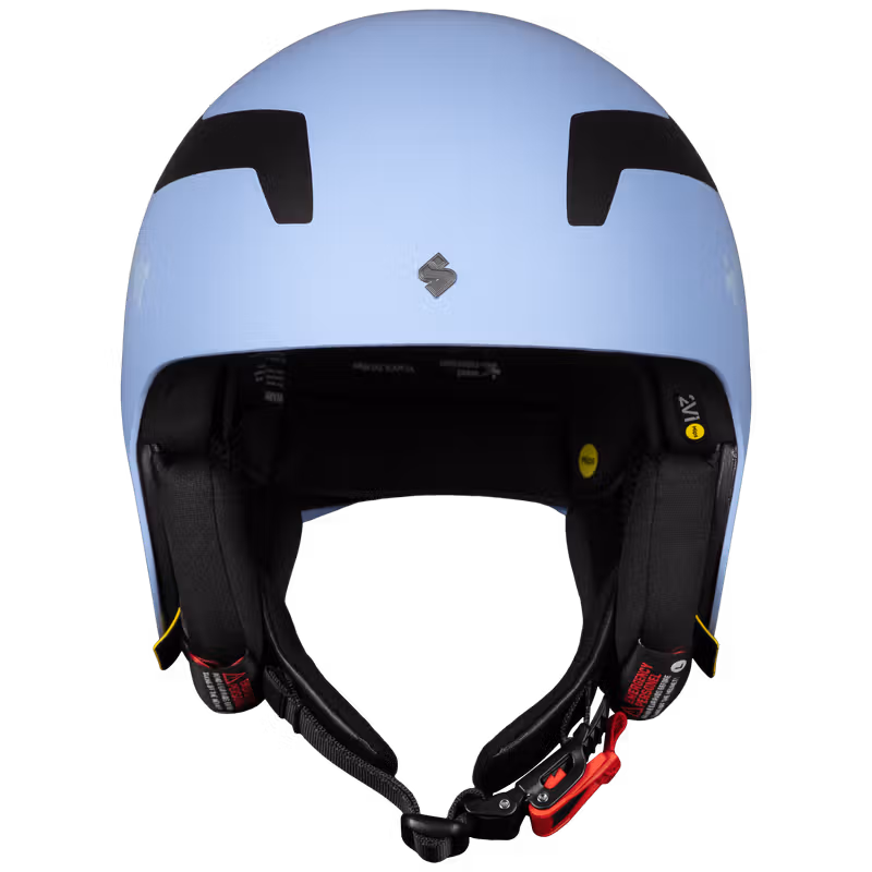 Light blue Sweet Protection MIAMI ski racing helmet, front view showing the chin guard