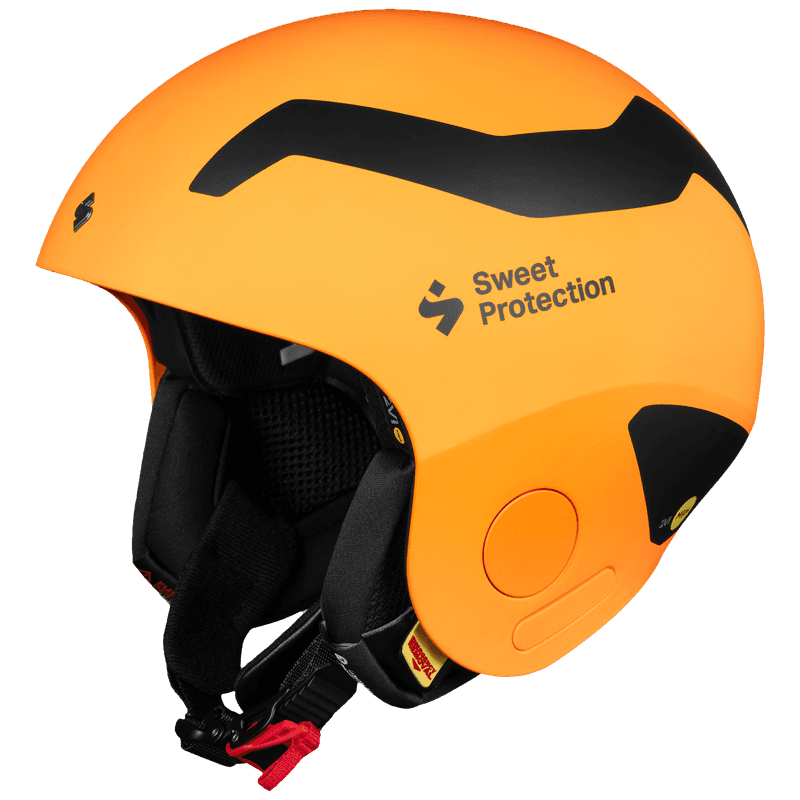 Orange Sweet Protection MIAMI ski racing helmet with black accents, front-angled view
