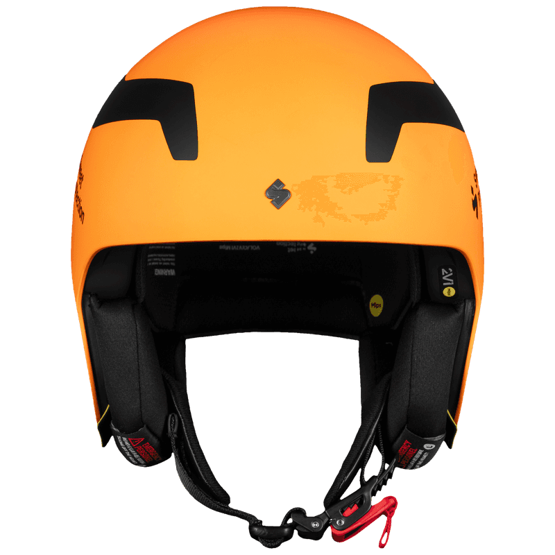 Orange Sweet Protection MIAMI ski racing helmet, front view showing the chin guard