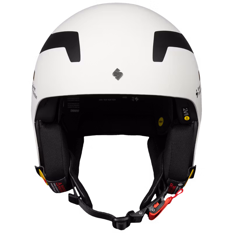 White Sweet Protection Ragnhild Mowinckel racing helmet, front view showing straps and buckle