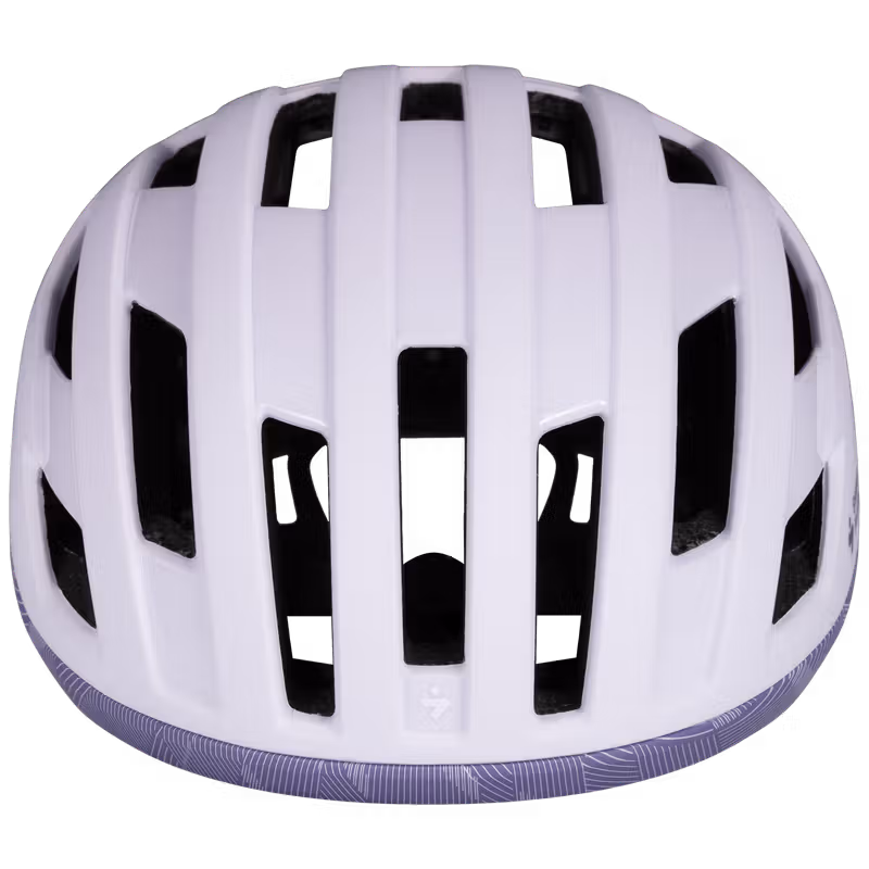 Side angle of the light lilac Sweet Protection Fluxer Mips cycling helmet, highlighting the 360 Occigrip Fit System and eyewear grippers.
