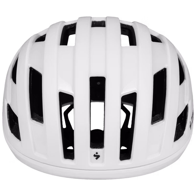 Front view of the highly ventilated satin white Sweet Protection Fluxer Mips helmet, featuring the STACC ventilation system for superior cooling.
