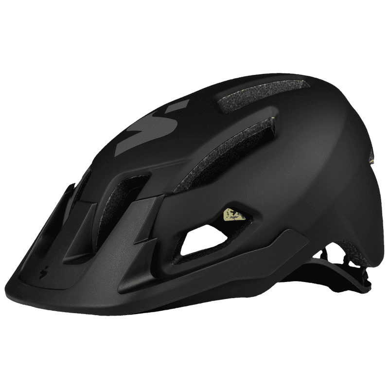 Side view of the Sweet Protection Dissenter Helmet Junior in matte black, showing vents and visor.