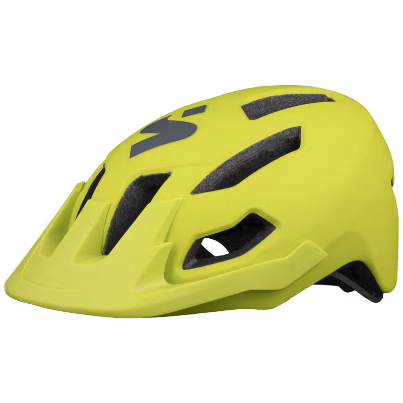 Side view of the Sweet Protection Dissenter Helmet Junior in matte fluo yellow, showing vents and visor.