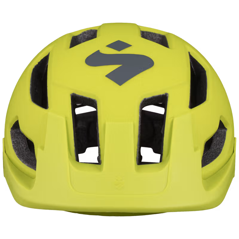 Front view of the Sweet Protection Dissenter Helmet Junior in matte fluo yellow, highlighting the vent pattern.