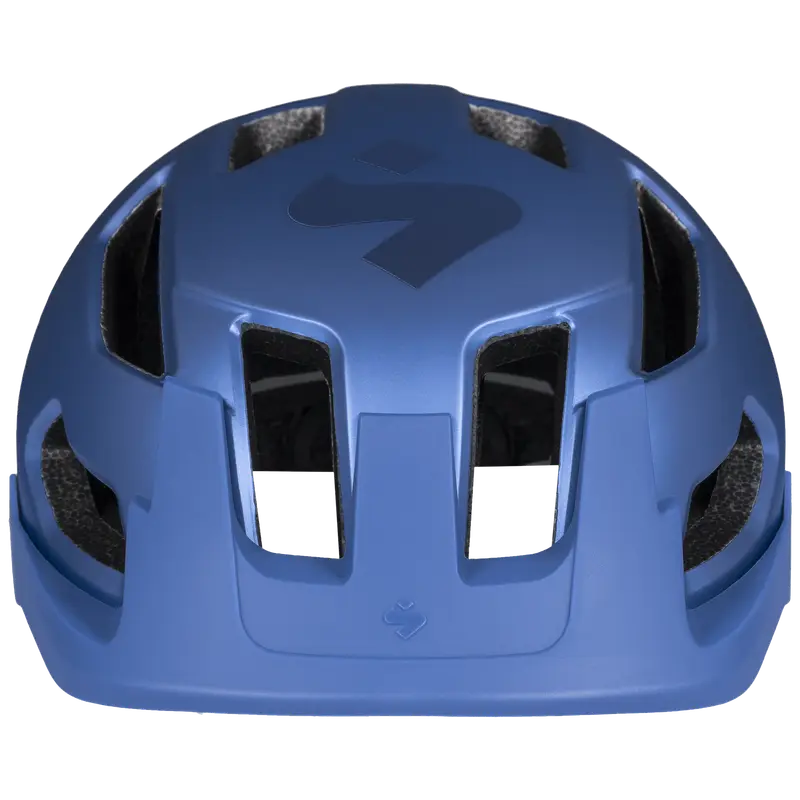 Front view of the Sweet Protection Dissenter Helmet Junior in sky blue metallic, highlighting the vent pattern.