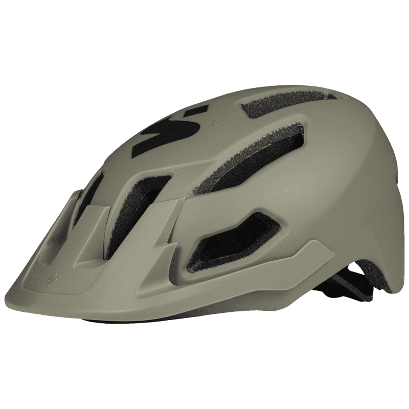 Side view of the Sweet Protection Dissenter Helmet Junior in Woodland green, showing vents and visor.