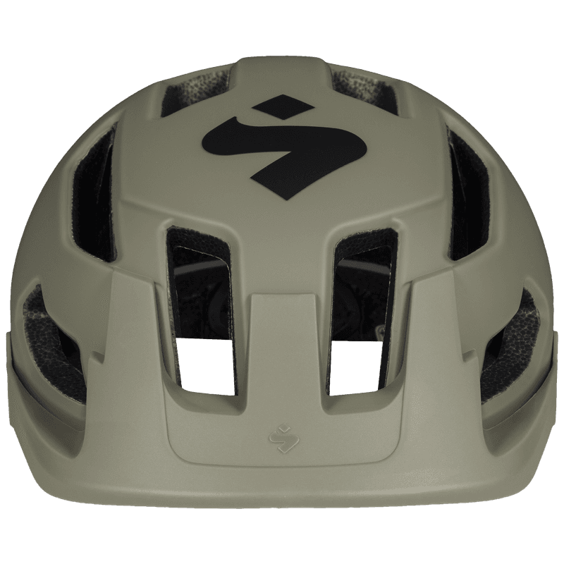 Front view of the Sweet Protection Dissenter Helmet Junior in Woodland green, highlighting the vent pattern.
