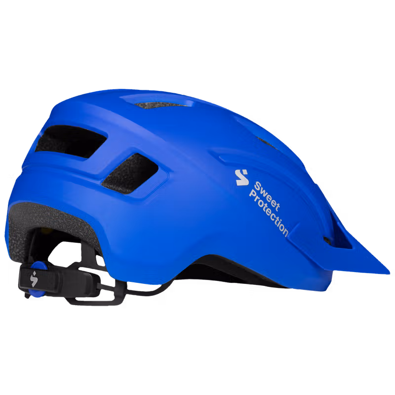 Angled side view of the Sweet Protection Stringer Mips Helmet Junior in Surf Blue with chin strap buckle.