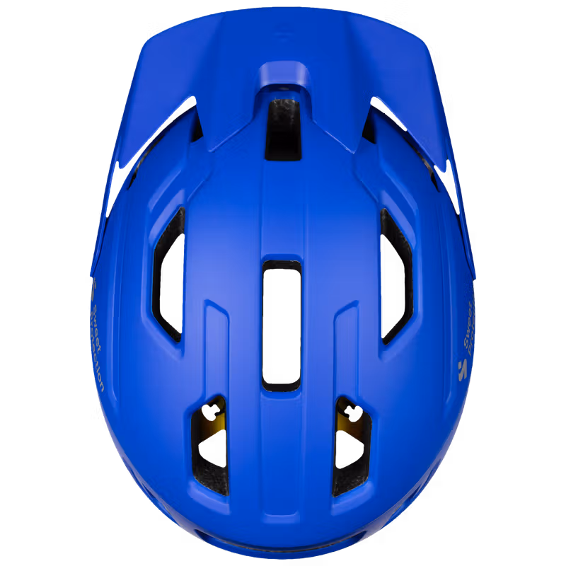 Top-down view of the Sweet Protection Stringer Mips Helmet Junior in Surf Blue showing shell vents.