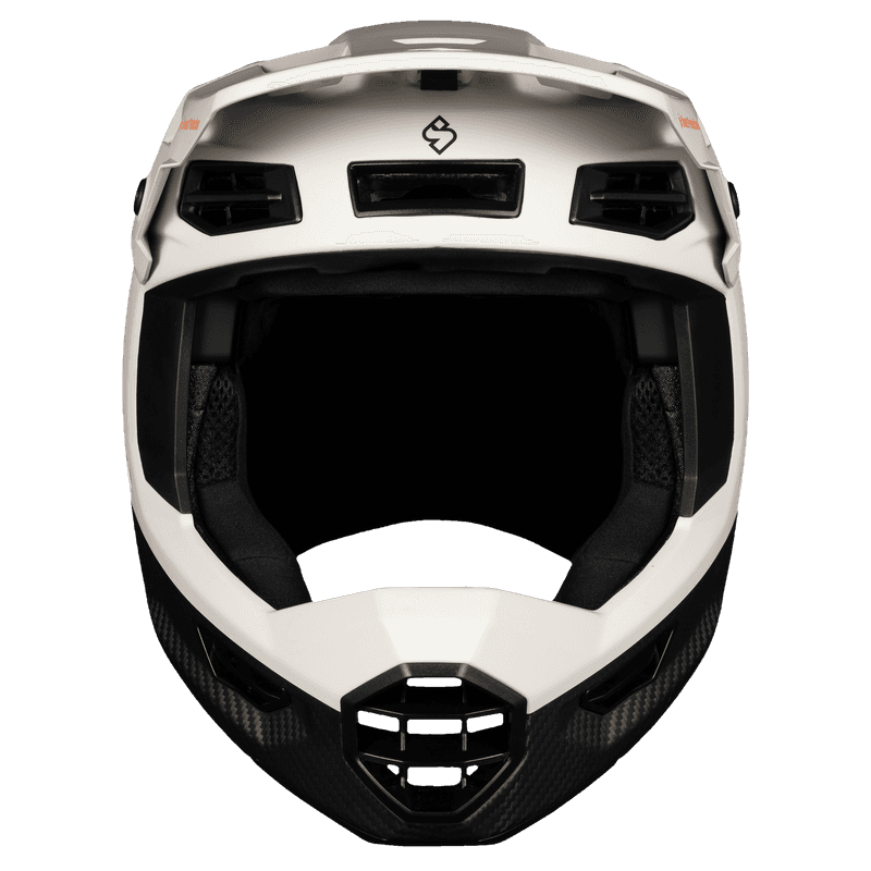 Front view of the Fixer Carbon 2Vi Mips full-face helmet, bronco white carbon, face opening with mouth vents and integrated visor
