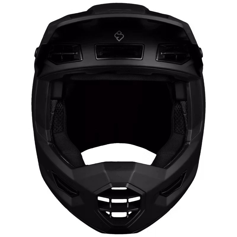 Front view of the Sweet Protection Fixer Composite 2Vi Mips Helmet in Matte Black with visor and chin bar vents.