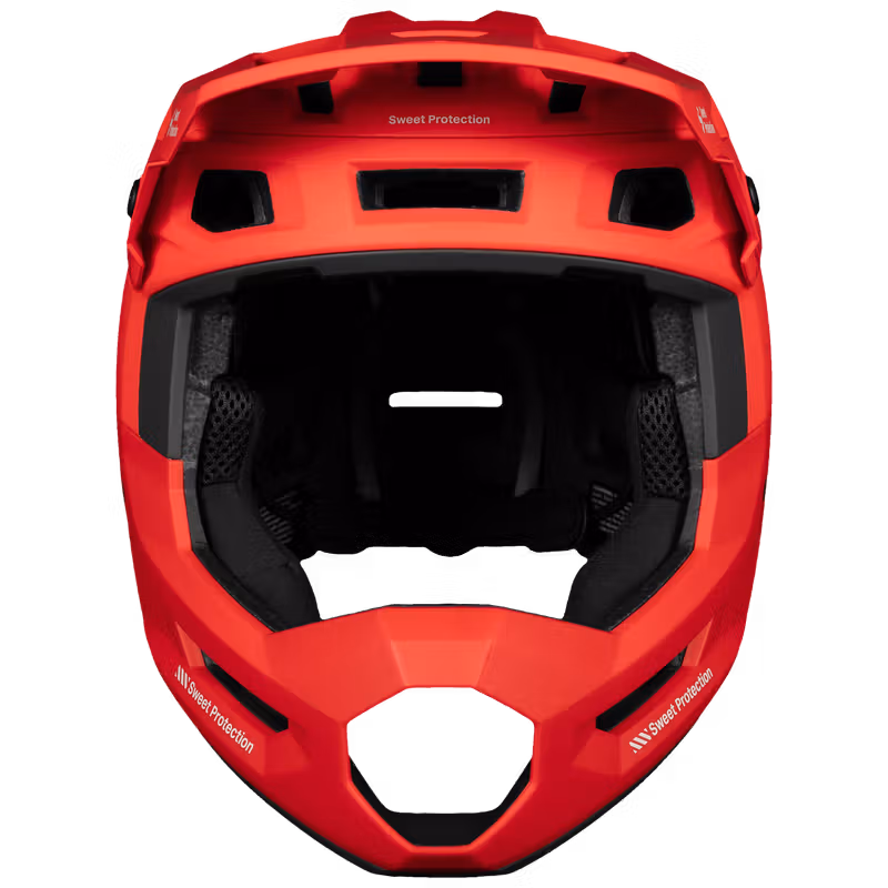 Front view of the Strayer 2Vi Mips full‑face helmet, chili red — face opening with mouth vents and reinforced chin guard