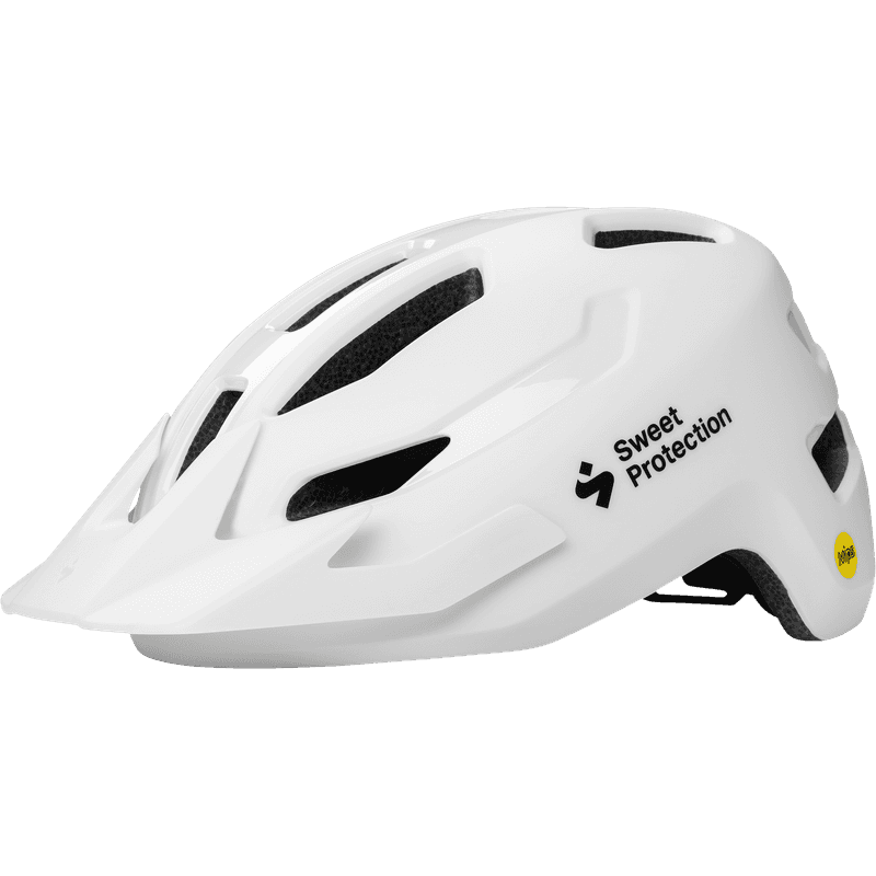 Side view of the Sweet Protection Ripper Mips CPSC Helmet in glossy white, a mountain bike helmet with visor and MIPS.