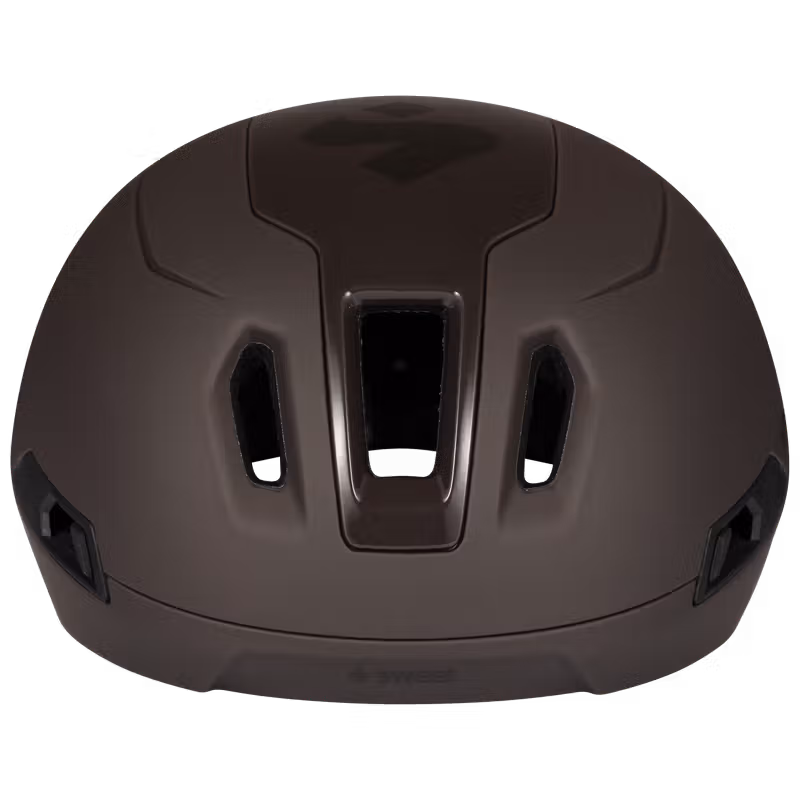 Brown road helmet, front top-down view, showing ventilation ports and aerodynamic visor.