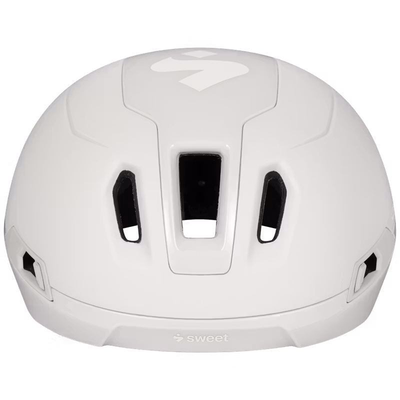 White aerodynamic road helmet, front top-down view, showing air vents and Sweet Protection logo.