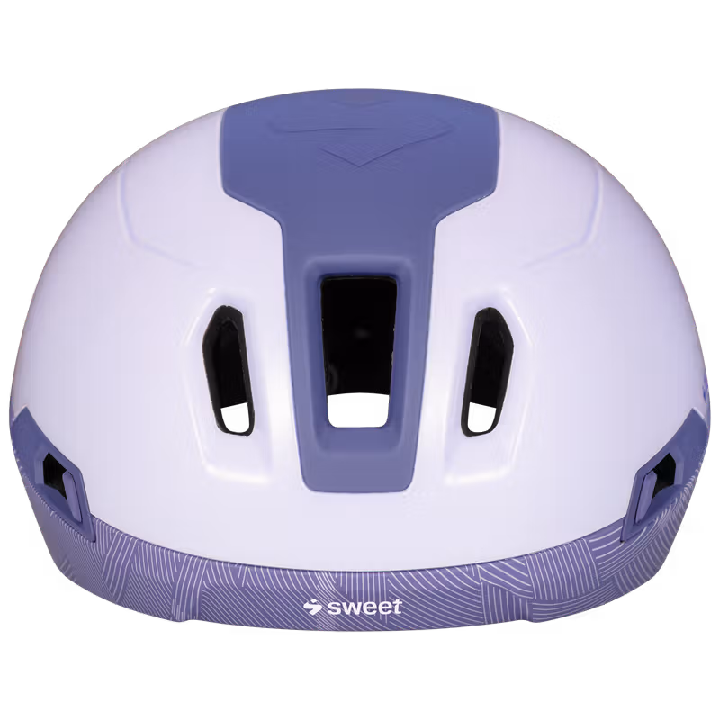 White and lilac road helmet, front top-down view, showing ventilation ports and shell design.