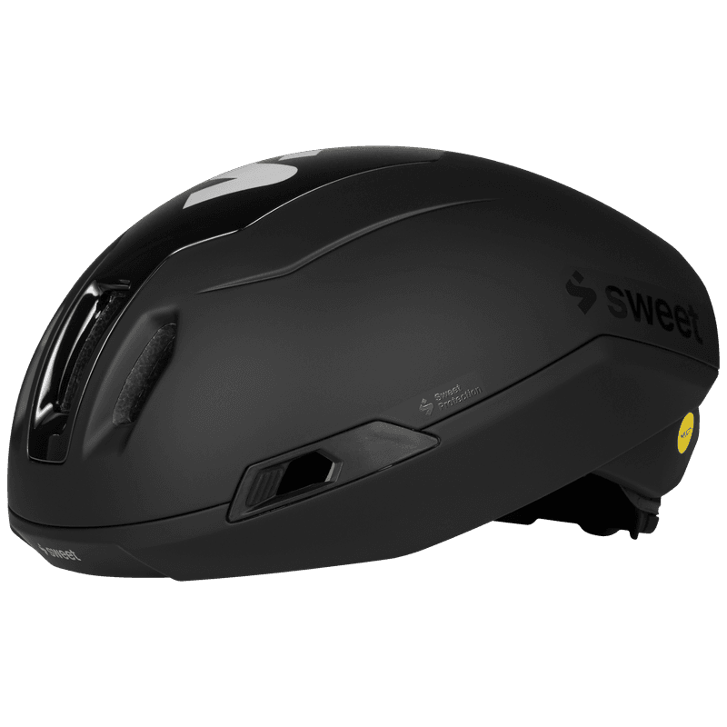 Glossy black road helmet with MIPS technology, side view, ventilated shell with white logo.